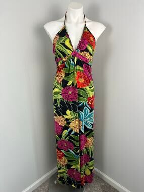 Sunny Girl Floral Tropical Halter Stretch Sundress 12 Beach Vacation Resort